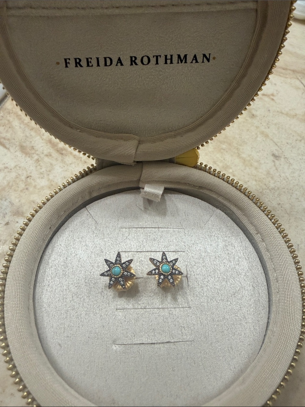 Freida Rothman Gold Starburst Earrings with Turquoise Centers